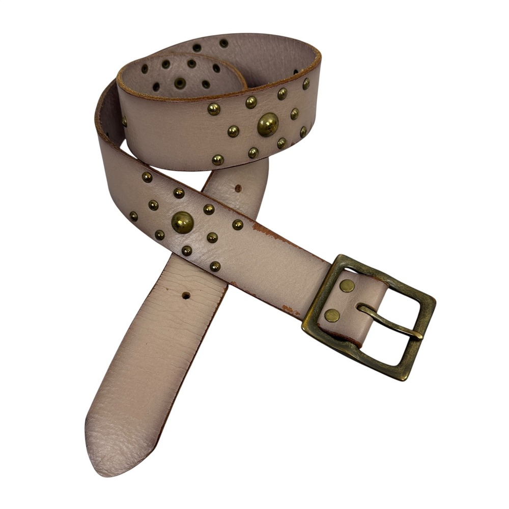 Gap Belt Womens Small Taupe Studded Genuine Leather Distressed Brass Buckle 1.5"